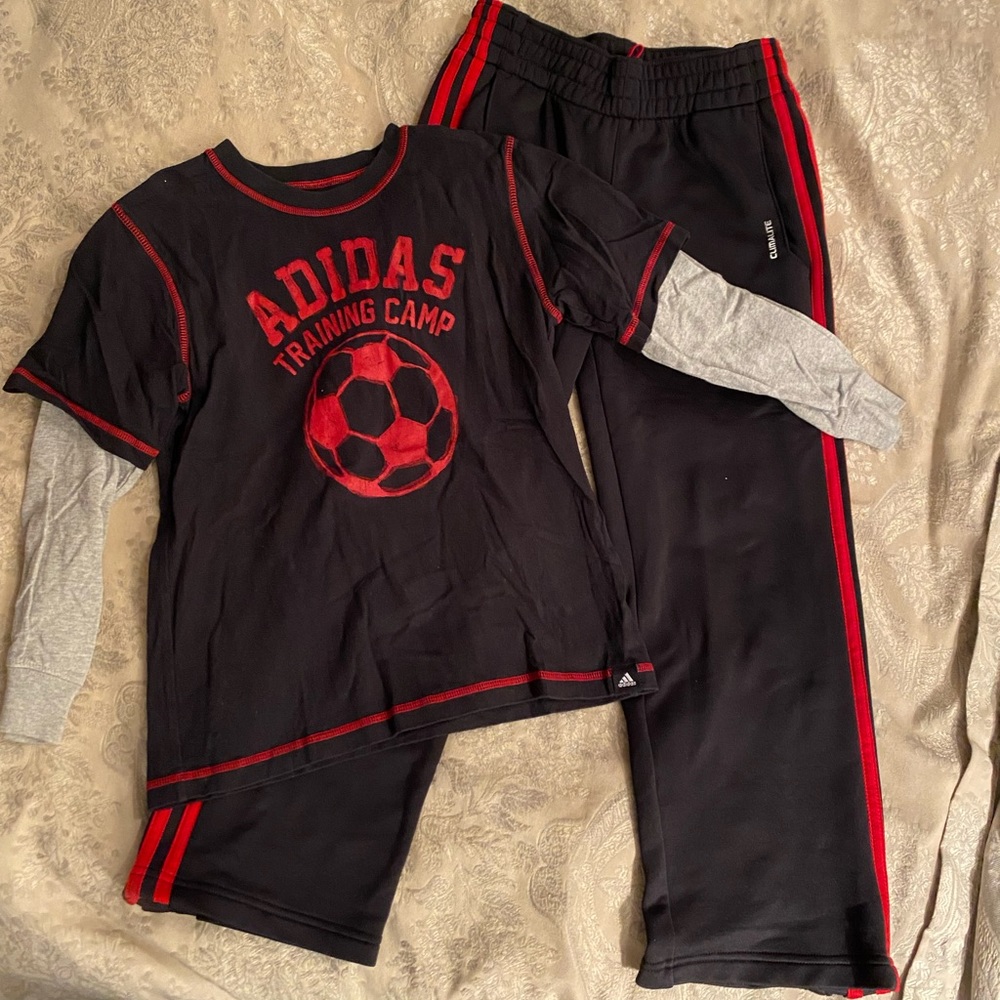 Adidas Kids 2 piece Athletic set, Black/red. Top size 7X, Pants size small. EUC